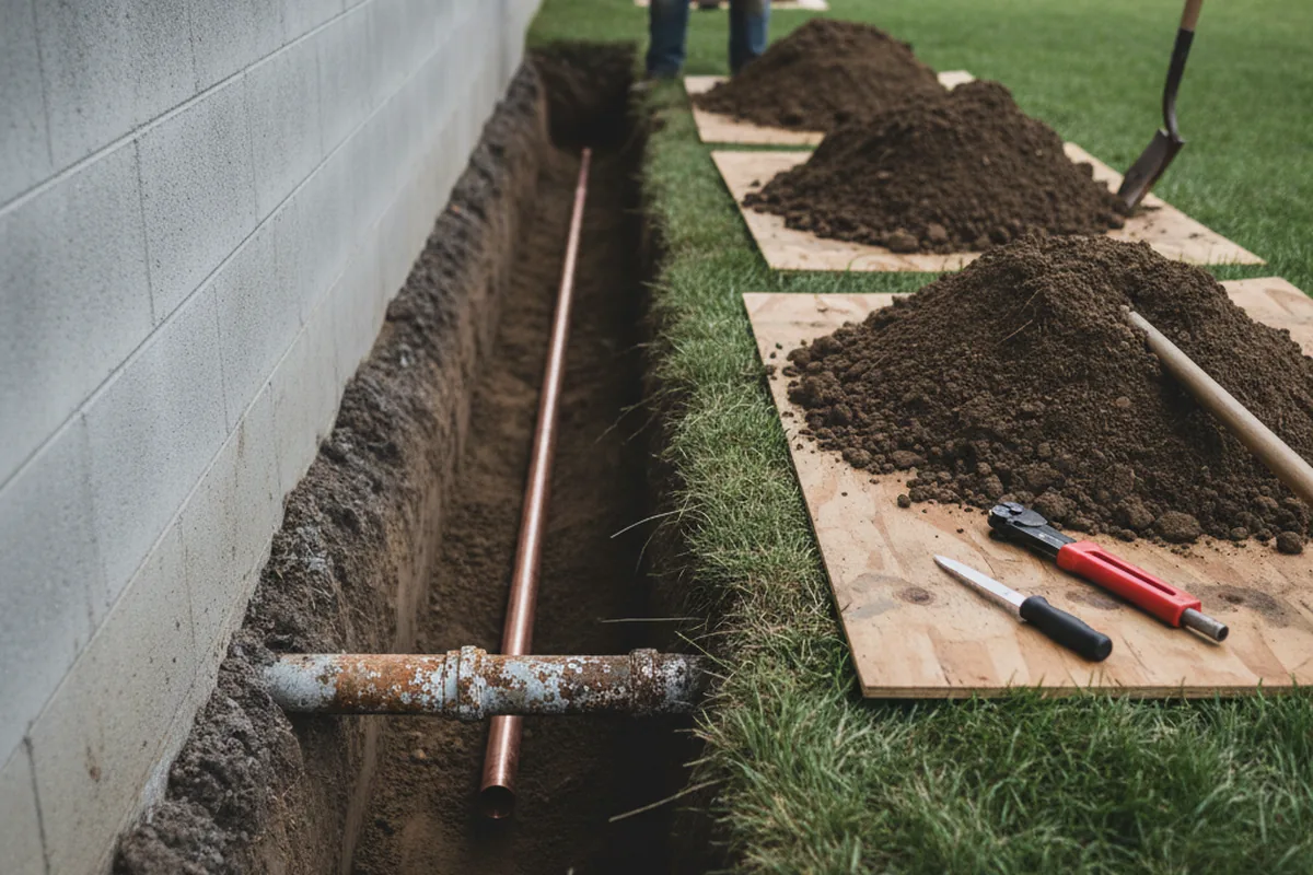Excavated water line trench during Water Softener Installation in Morgan